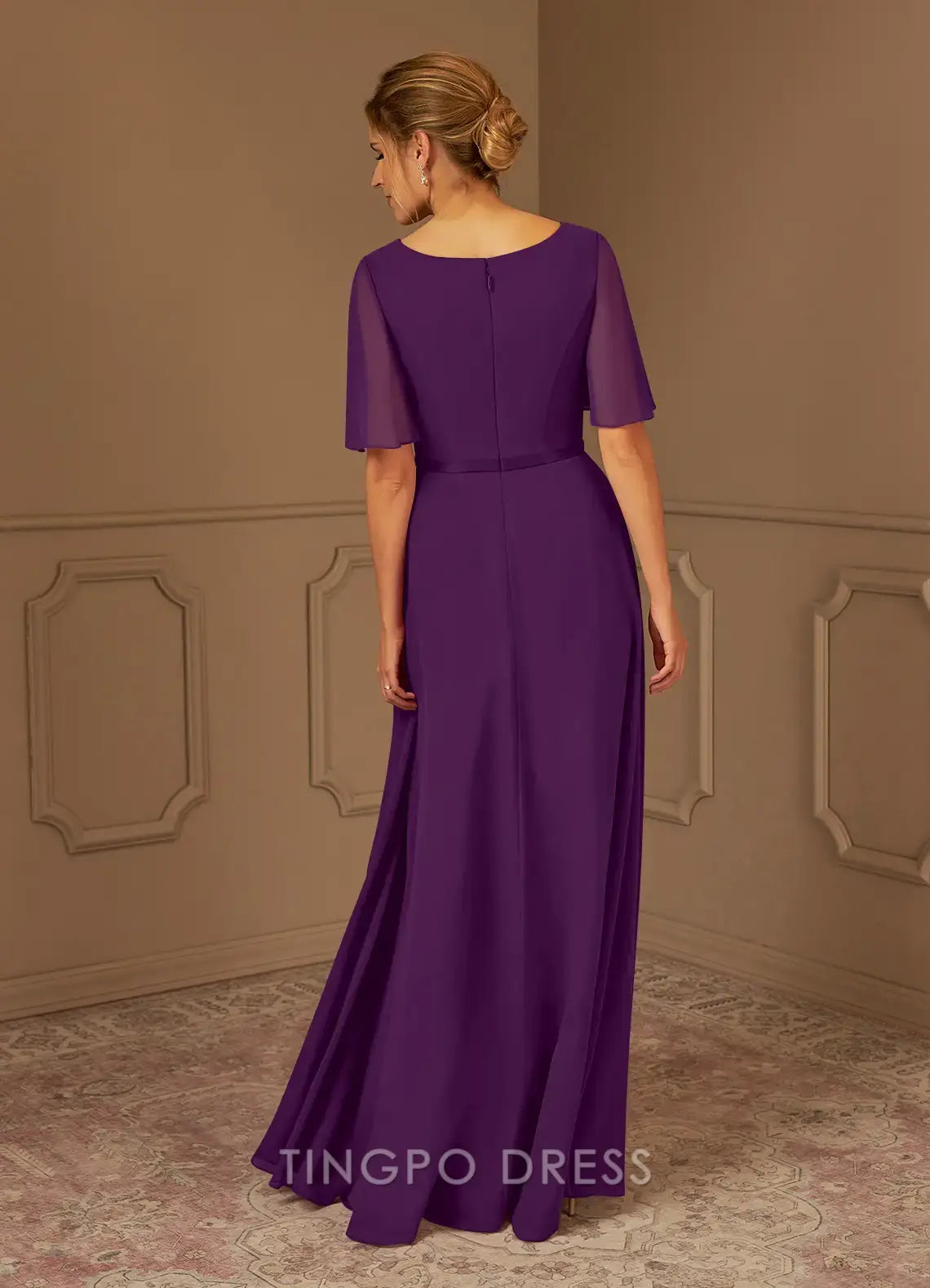 TingPo Wholesale Elegant Elegant V - Neck Chiffon Evening Gown with Sheer Flutter Sleeves and Embellished Waist: Perfect for Formal Occasions